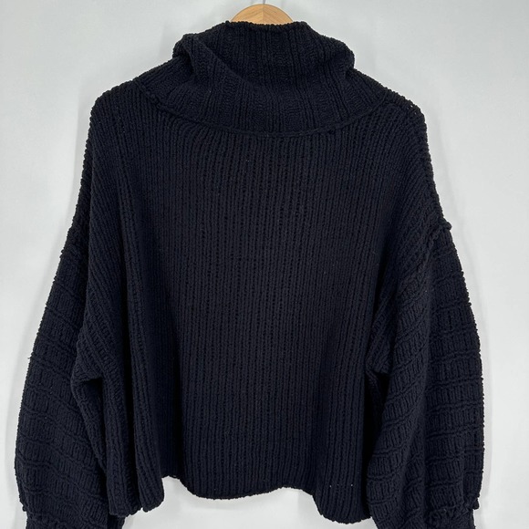 Free People Be Yours Cowl Neck Sweater Balloon Sleeve Chunky Boxy Cropped Black - Picture 10 of 14